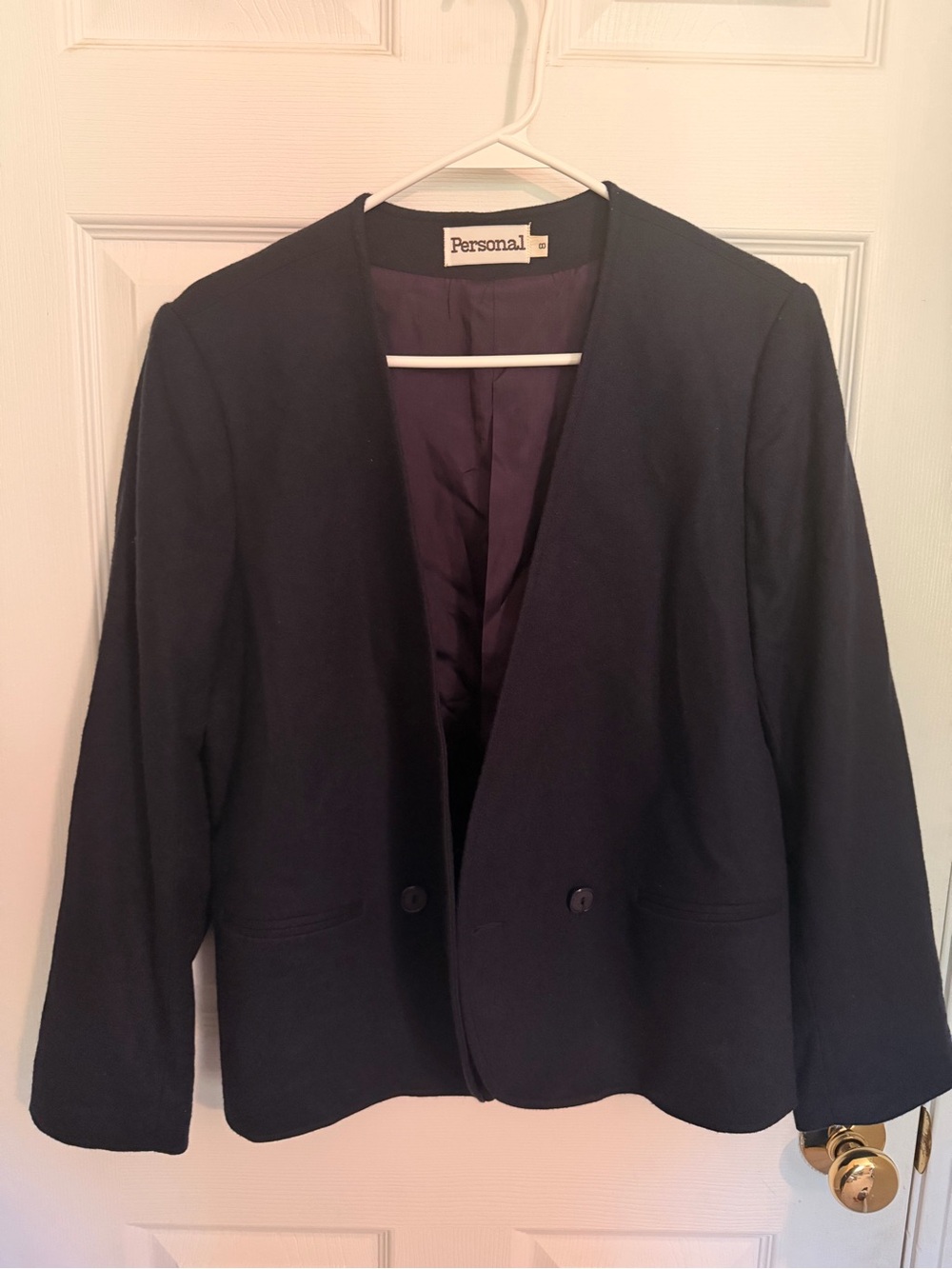 Vintage Personal Dark Navy Collarless Double-Button Wool Blazer